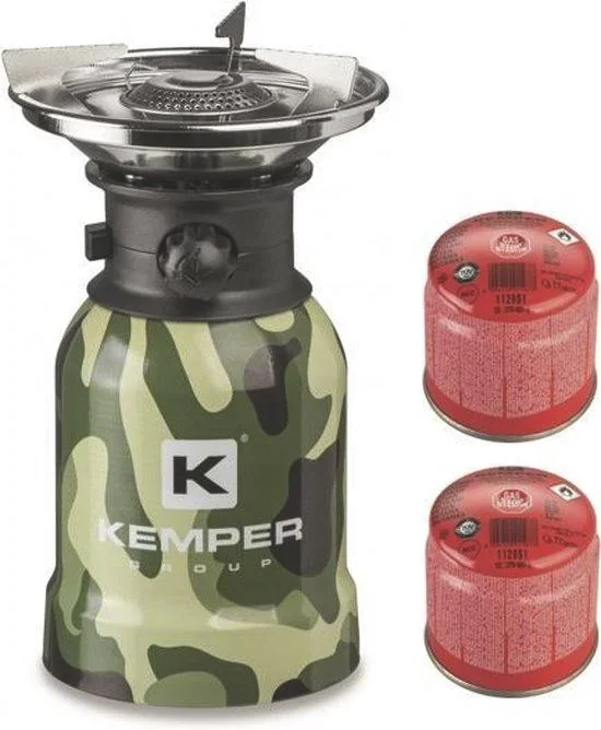 Camping-Gasbrenner aus Edelstahl mit Piezo-Zündung - 1 Brenner + 2 Gaskanister - 0