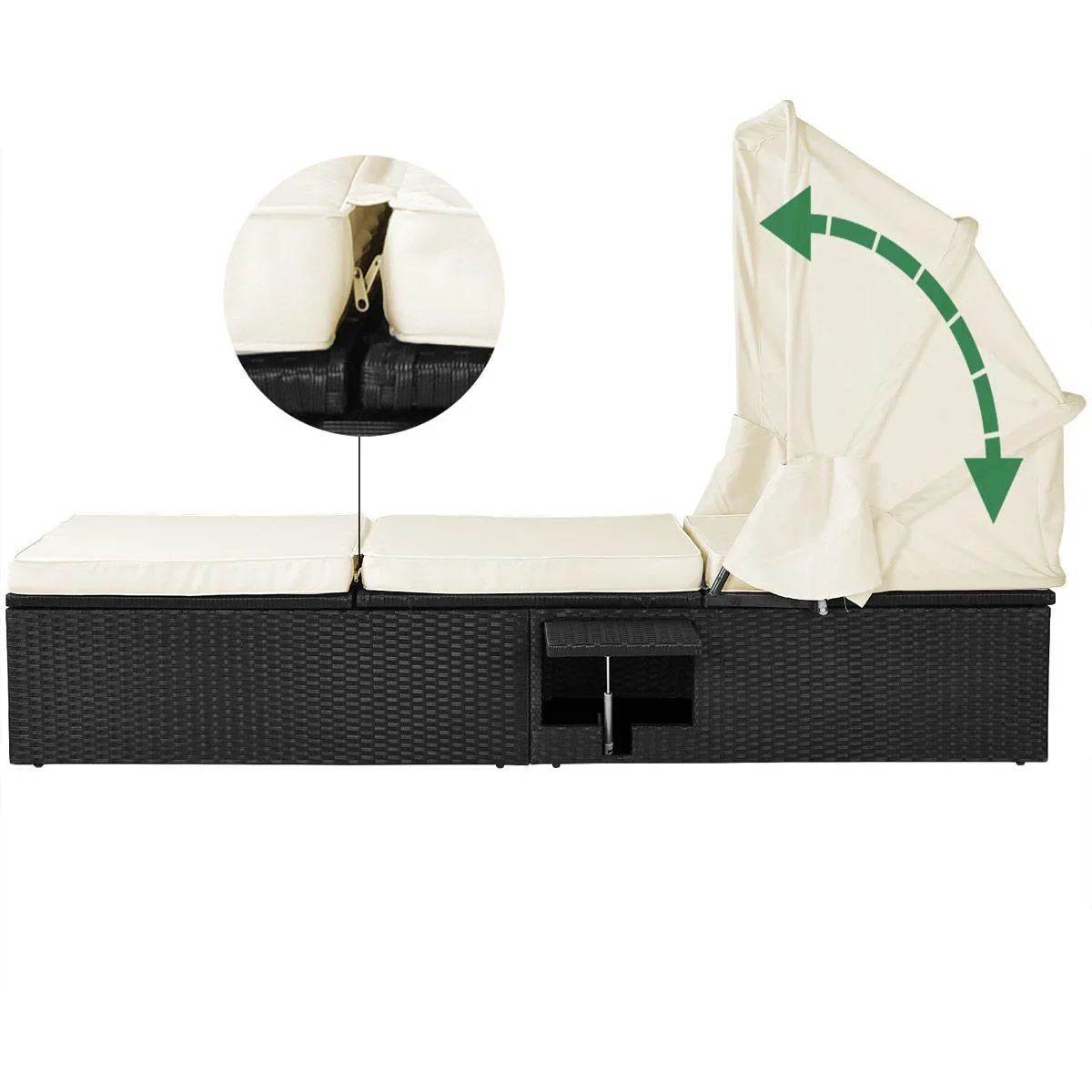 Liege mit Schiebedach Polyrattan schwarz/cremeweiß 195 x 60 x 39/145cm - 0