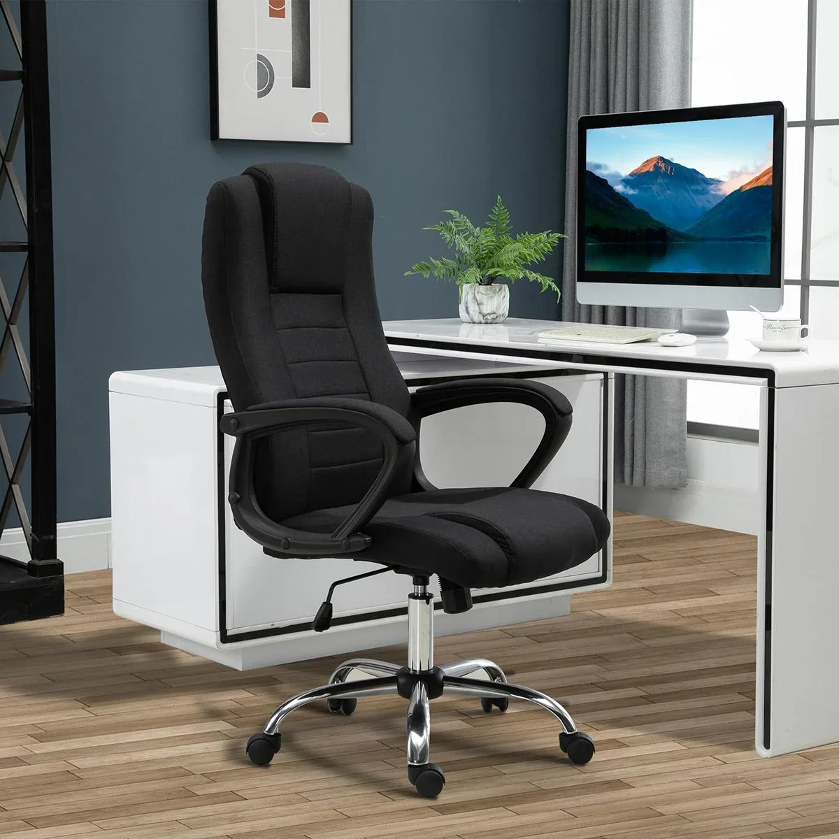 Bürostuhl Computerstuhl mit Wippenfunktion Kopfstütze ergonomischer Schreibtischstuhl drehbar höhenverstellbar Leinen-To - 0