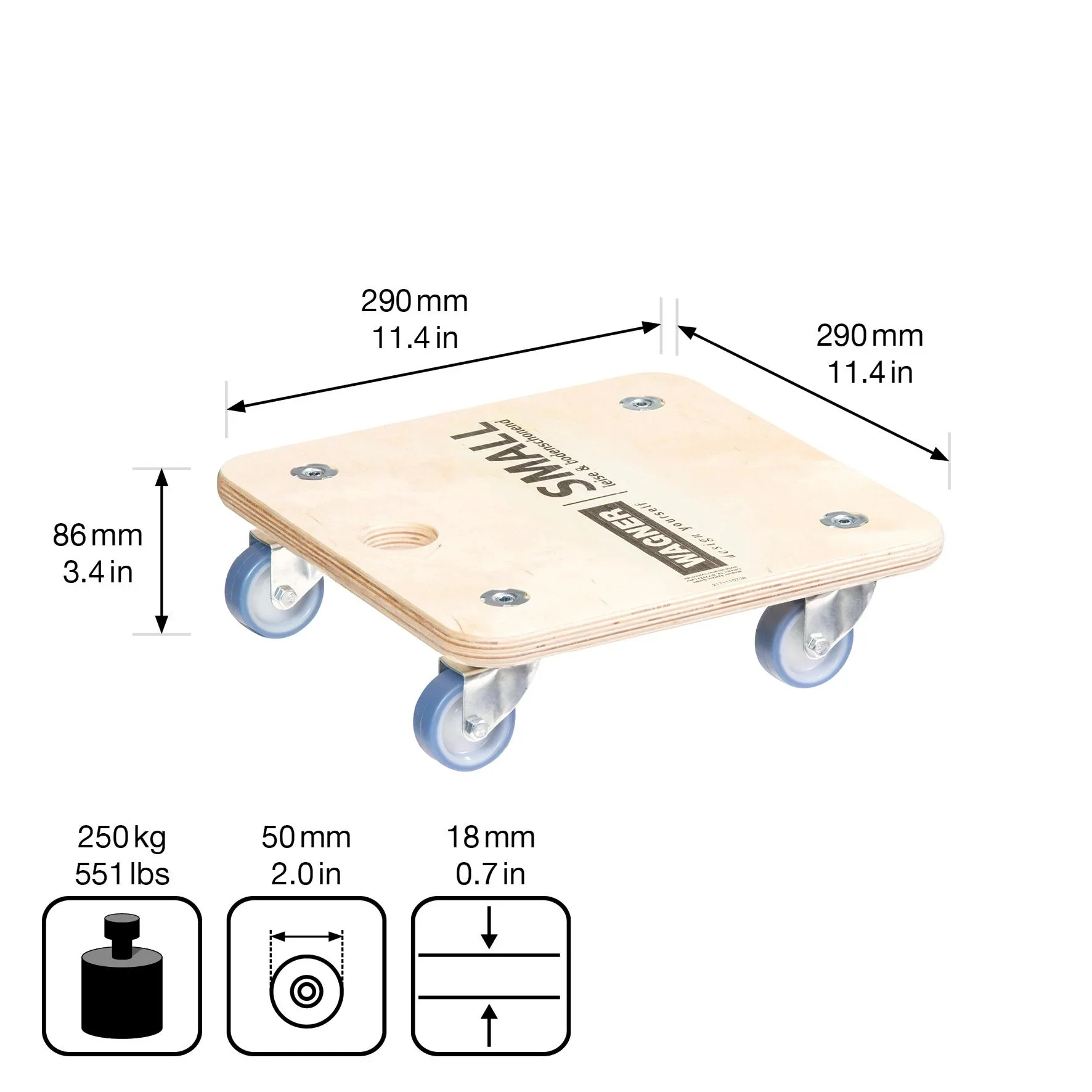 Transporthilfe MM 1353, 29 x 29 x 8,5 cm, softe Rollen Ø 50 mm, Gleitlager, Multiplex Birke FSC®, Tragkraft 250 kg - 5
