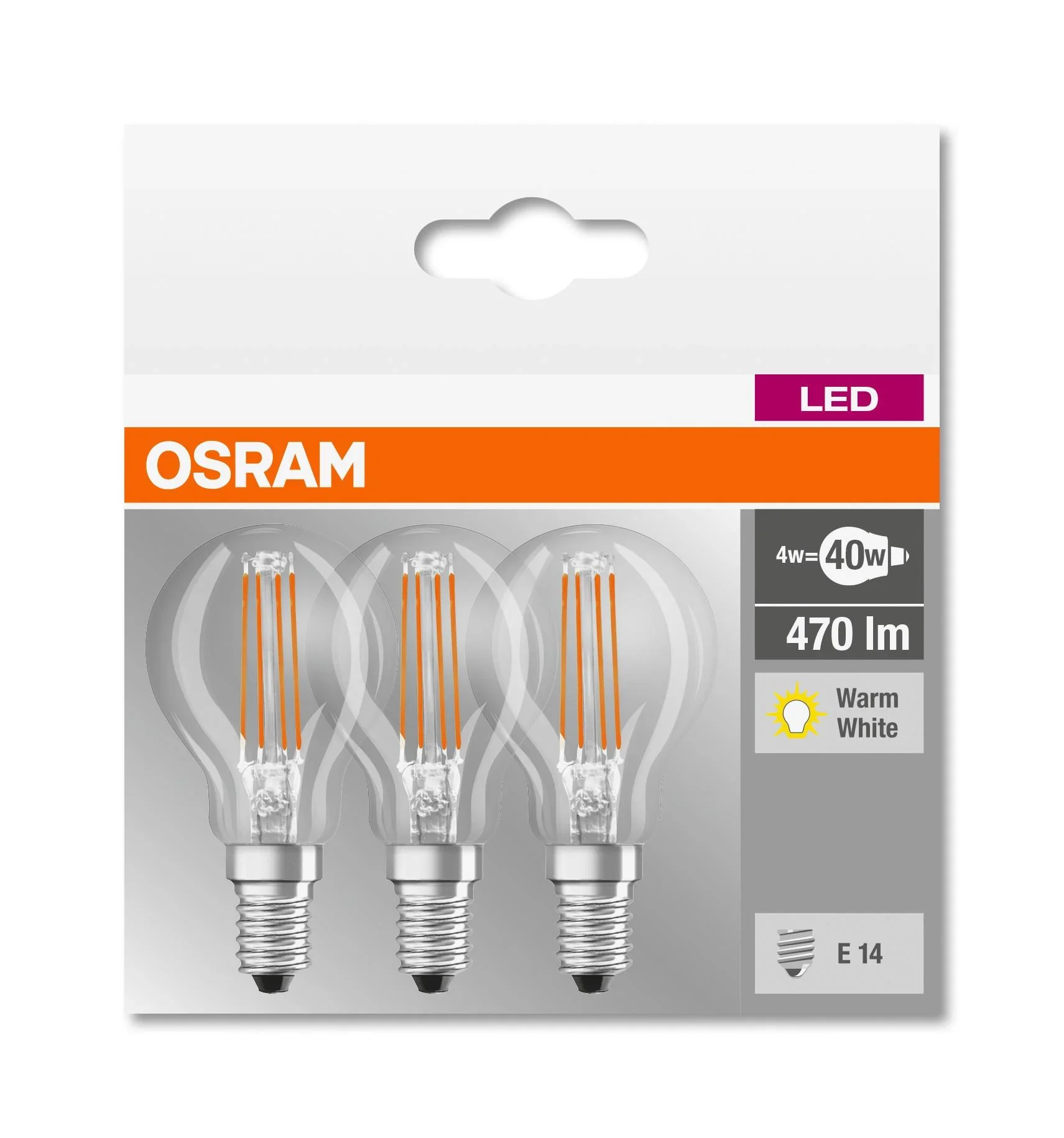 BASE FILAMENT LED Tropfenlampe mit 4 Watt, E14, warmweiß, klar - 3 Stück - 4