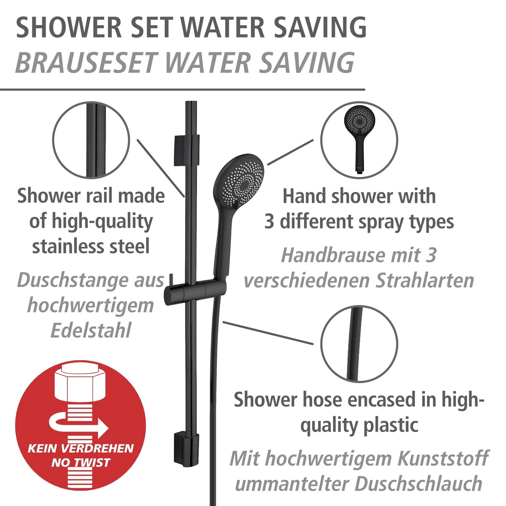 Wasserspar-Brauseset Watersaving Schwarz, Länge Stange: 70 cm - 6