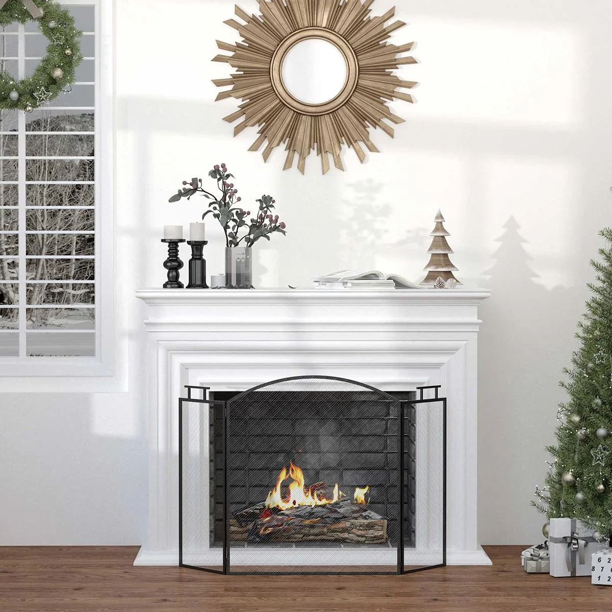 Kaminschutzgitter Funkenschutzgitter mit Netz Eisengitter Kaminschirm zusammengefaltet dreiteilige Design Metall Schwarz - 2