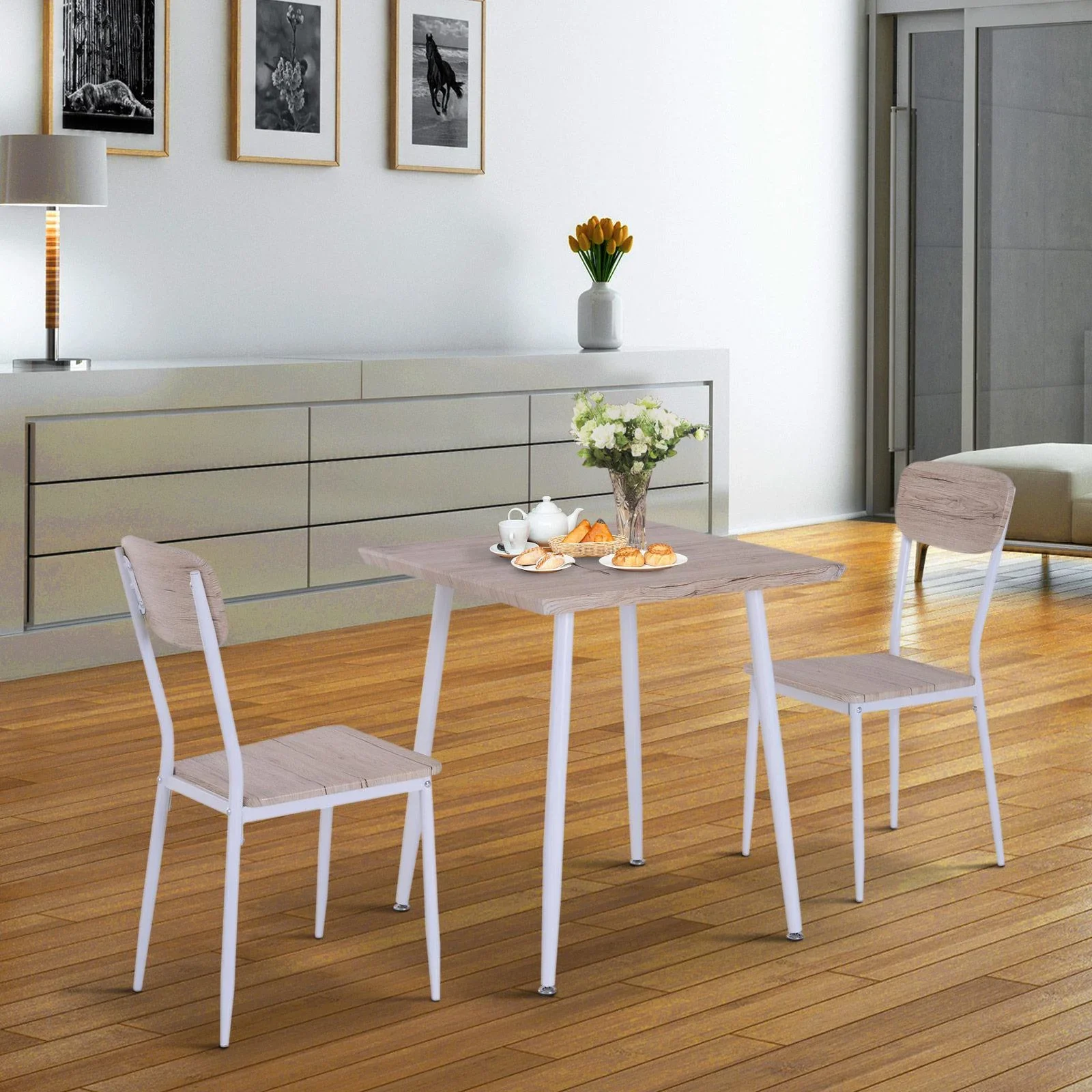 3-teilige Essgruppe Sitzgruppe Esstisch Set Holztisch Naturholzmaserung mit 1 Tisch + 2 Stühlen - 0