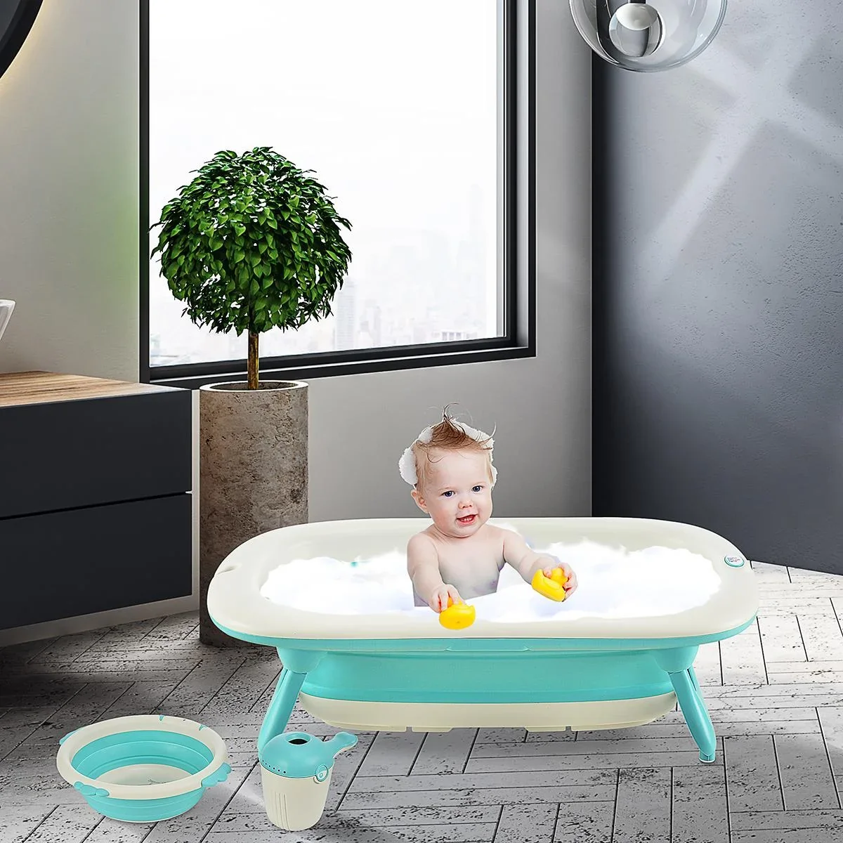 Faltbare Babywanne mit Waschbecken und Shampoobecher - 1
