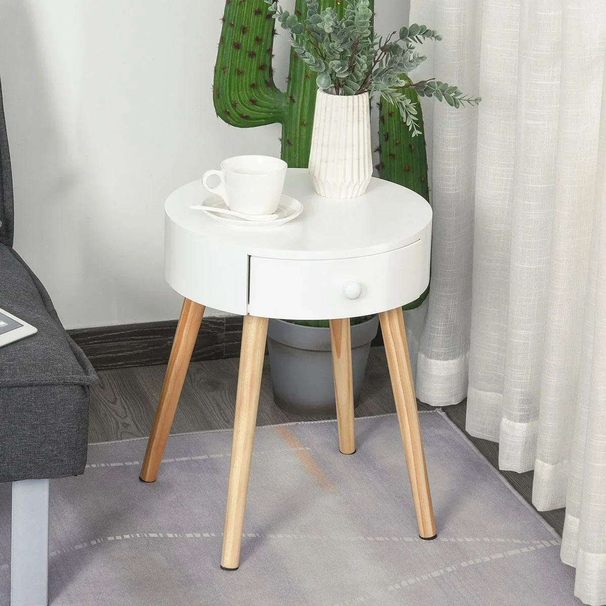 Nachttisch mit Schublade, Schlafzimmer Nachtkommode mit Beinen, runder Beistelltisch, Skandinavisches Design, Massivholz - 0