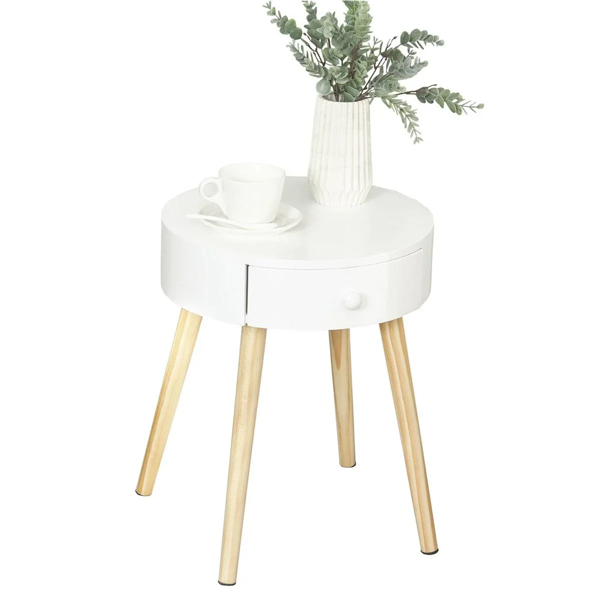 Nachttisch mit Schublade, Schlafzimmer Nachtkommode mit Beinen, runder Beistelltisch, Skandinavisches Design, Massivholz - 1