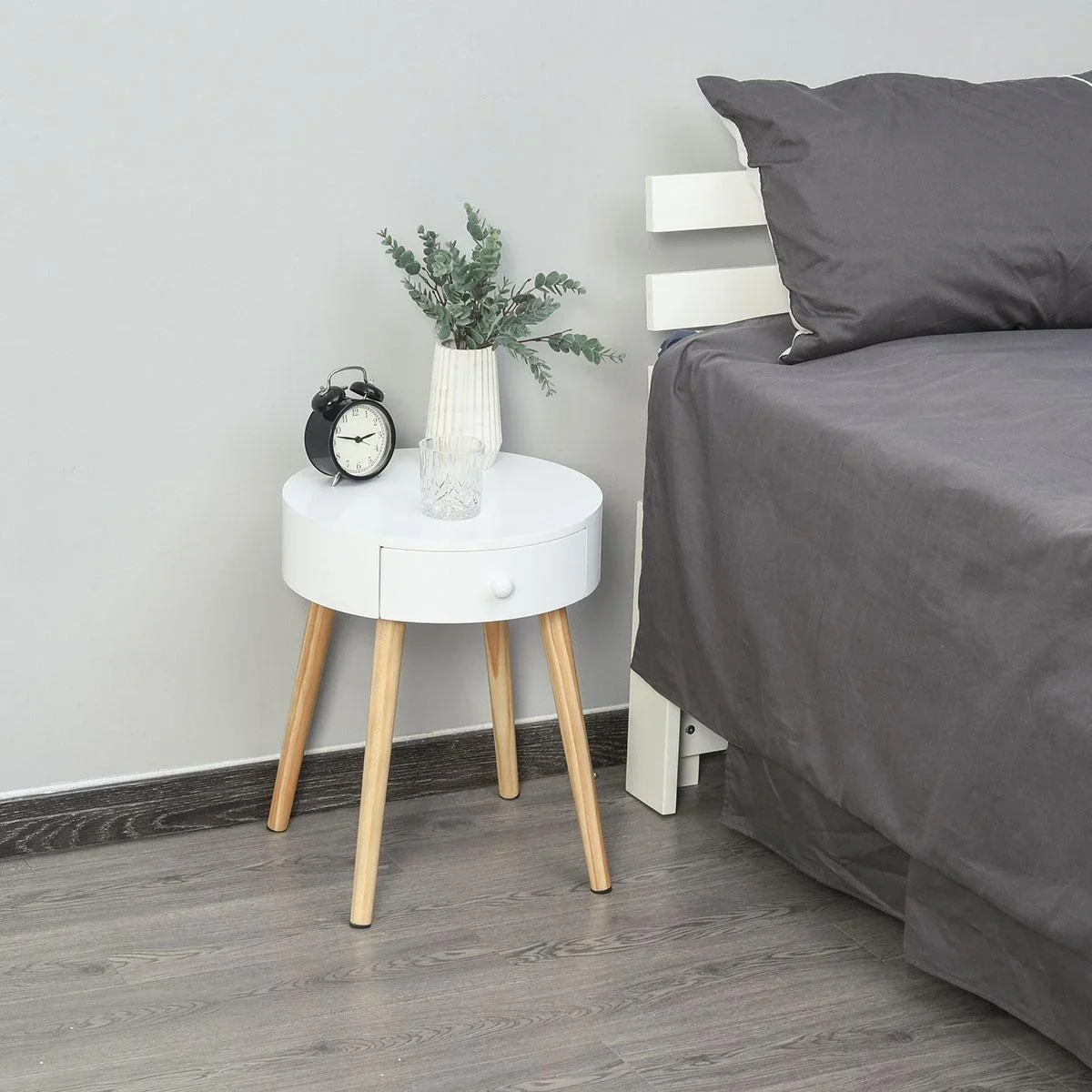 Nachttisch mit Schublade, Schlafzimmer Nachtkommode mit Beinen, runder Beistelltisch, Skandinavisches Design, Massivholz - 2