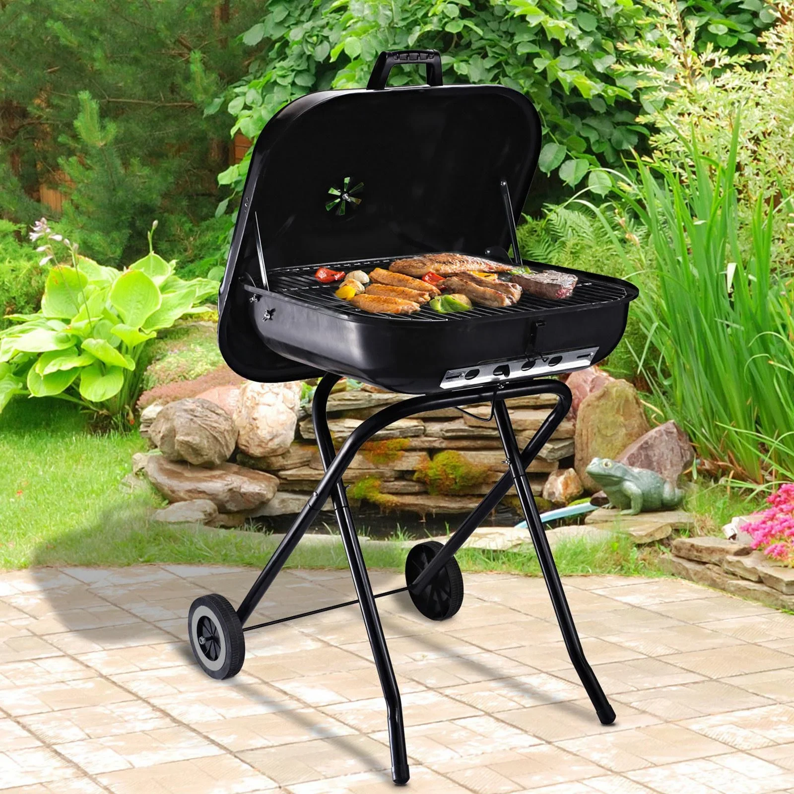 Holzkohlegrill mit Rädern, Grillwagen, Metall, schwarz - 1