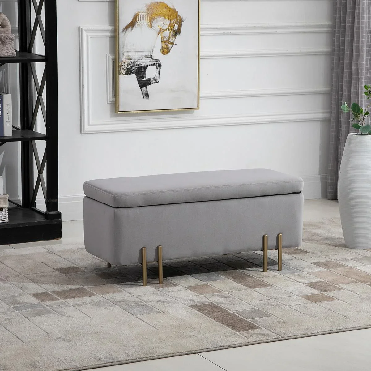 Sitzbank, Polsterbank mit Stauraum, Truhenbank, Stoff, Metall, Schaumstoff, Hellgrau, 100 x 40 x 42 cm - 1