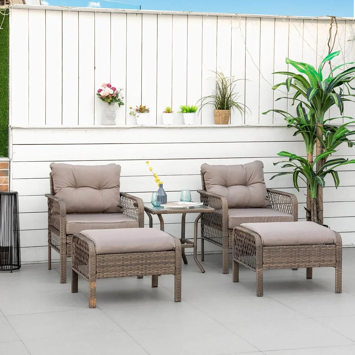 Rattan Gartenmöbel 5-teiliges Set Bank mit Hocker Tisch Stahl - 4