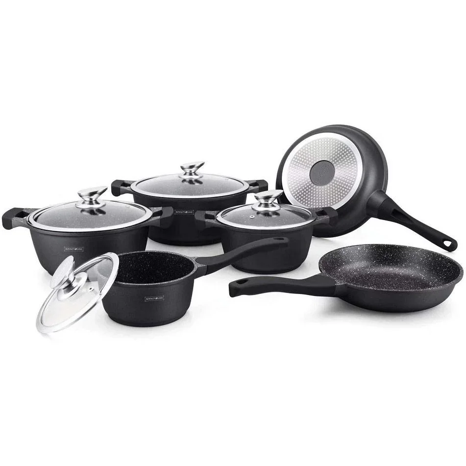 NL 10-teiliges Topfset mit Marmorbeschichtung - mit Deckeln - Suppentopf - Bratpfanne - Schwarz - 0