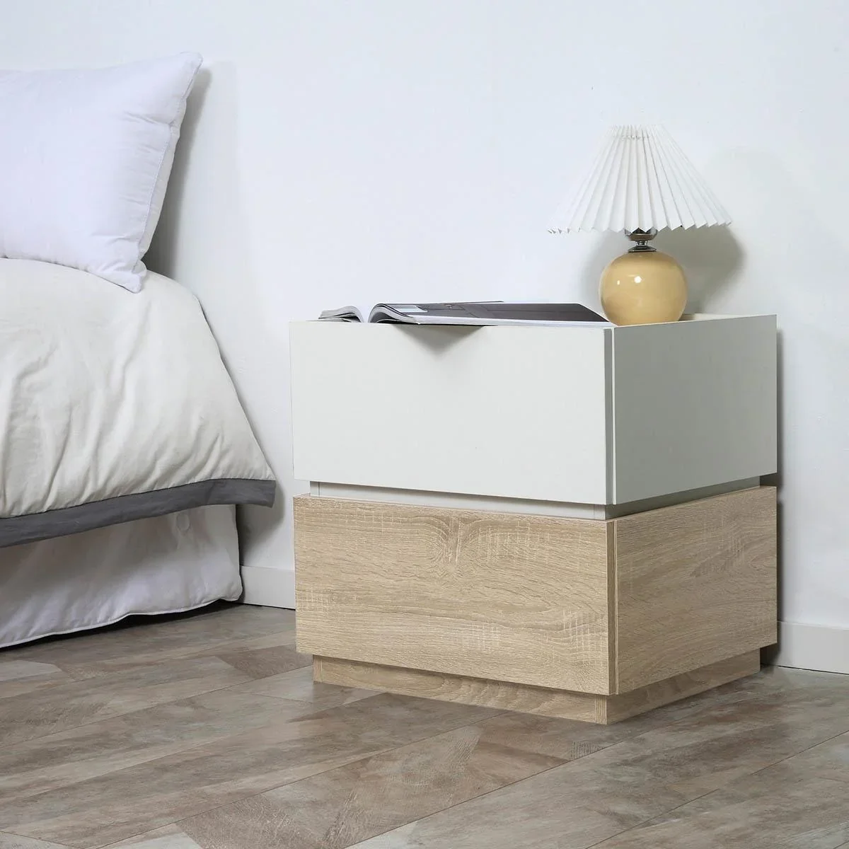 Nachttisch mit Schublade Nachtschrank stapelbar Schubladenschrank Schlafzimmer Nachtkommode Spanplatte Weiß+Natur 50 x 4 - 0