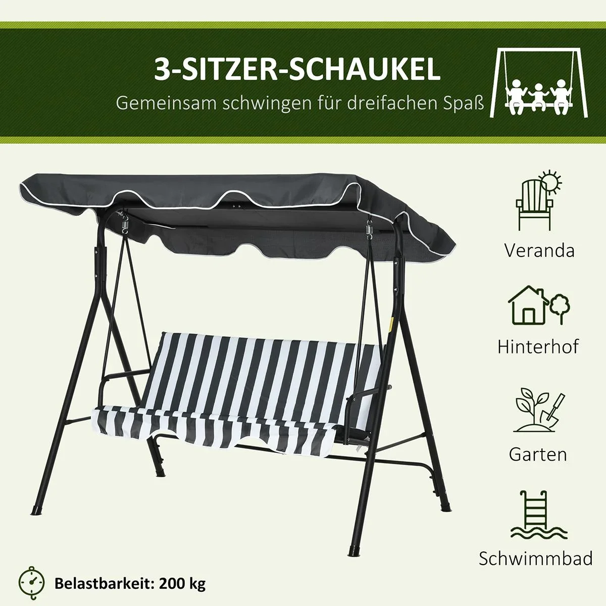 Hollywoodschaukel Gartenschaukel Schaukelbank 3-Sitzer mit Dach Stahl Grau+weiß 172 x 110 x 153 cm - 3