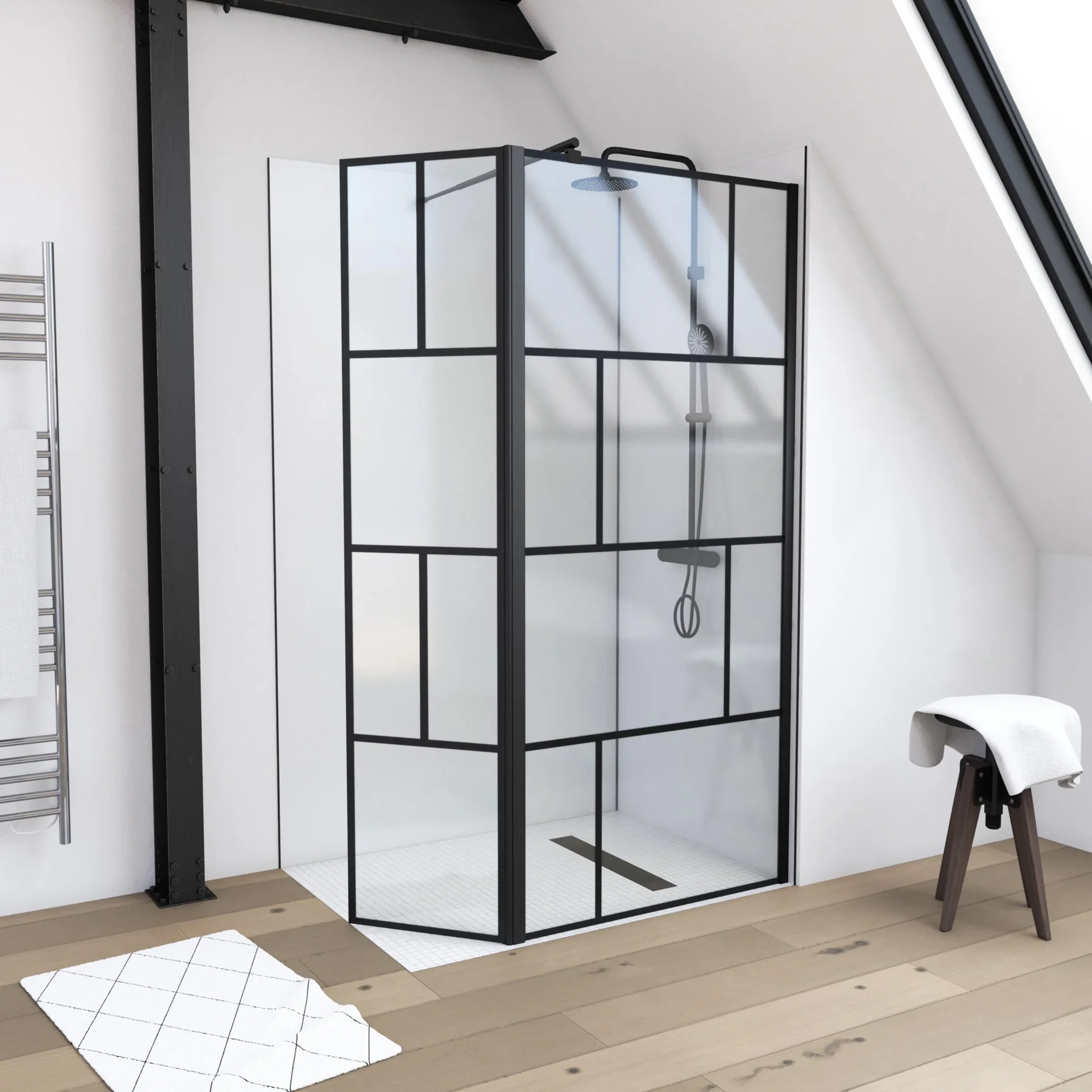 Duschwand in modernem Design 90+40 x 195 cm - Glasdusche mit matt schwarzen Wandprofil - 6