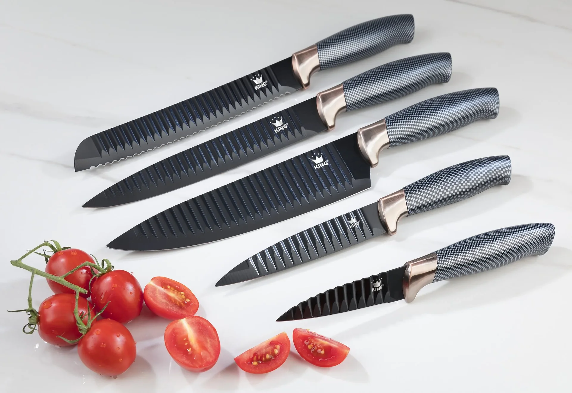 Messer-Set mit Messerblock, in Carbon-Optik, Schwarz/ Roségoldfarben, 6-teilig - 6