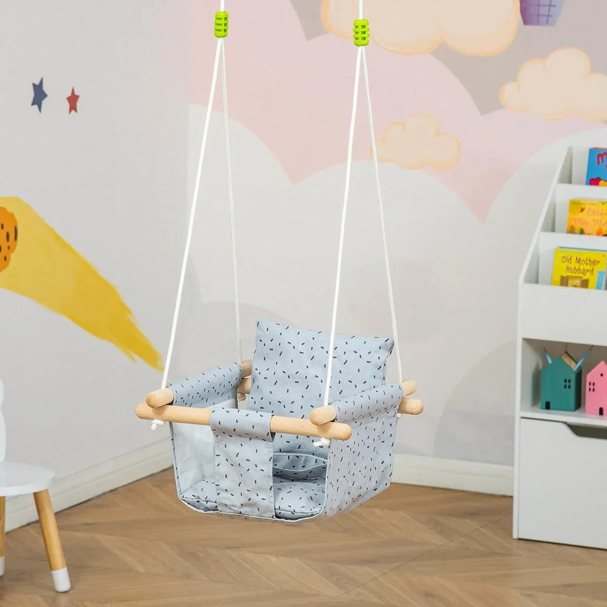 Kinderschaukel mit Sicherheitsgurt, Holzgestell, grau, 40 x 40 x 180 - 3