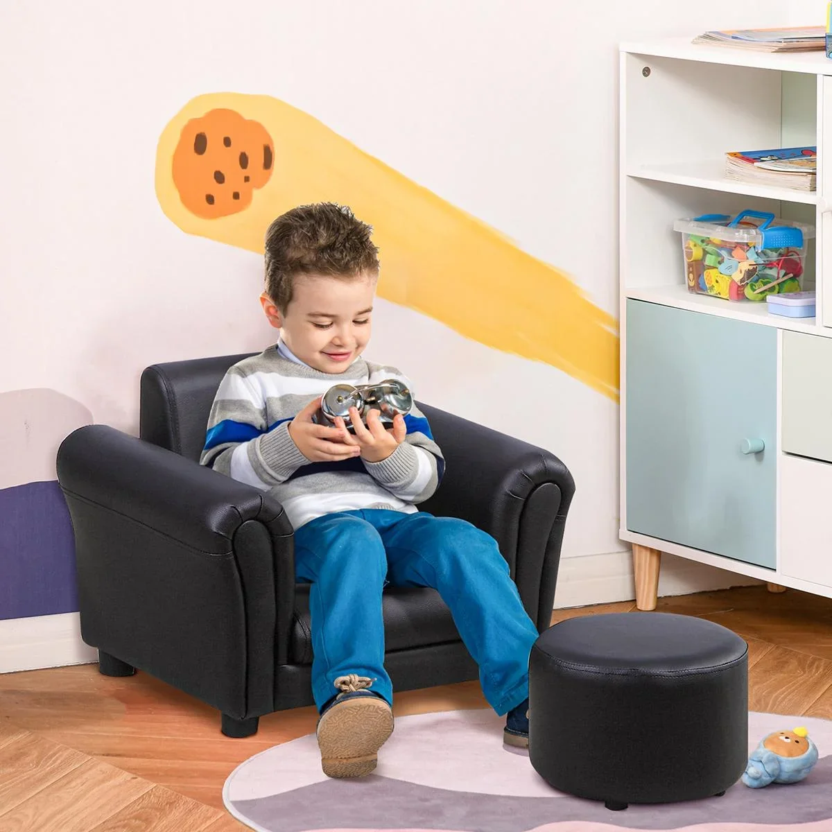 Kindersessel mit Fußhocker Kindercouch Kindersofa Minisofa Kindermöbel Holz Schwarz - 0