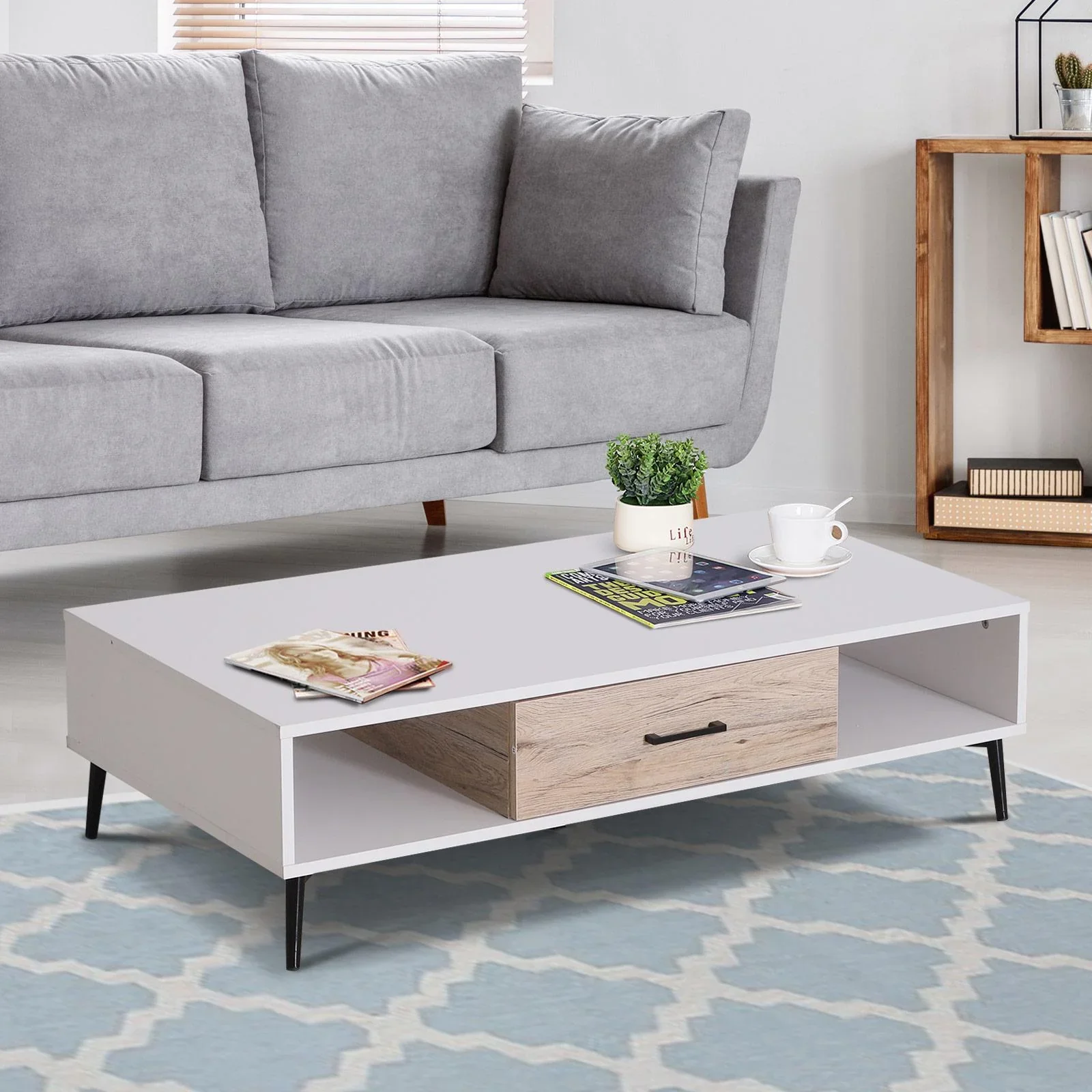 Couchtisch Beistelltisch Sofatisch Fernsehtisch Kaffeetisch 1 x Schublade 3 x Ablage Holz 110 x 60 x 30 cm - 0