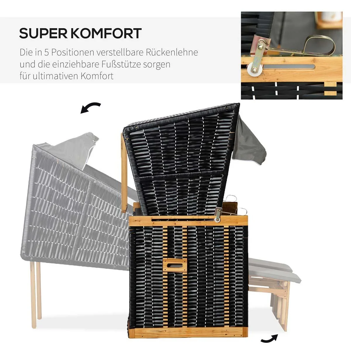 Strandkorb Volllieger Gartenliege Getrankehaltern PE Rattan Hellgrau 118 x 79 x 50 cm - 2