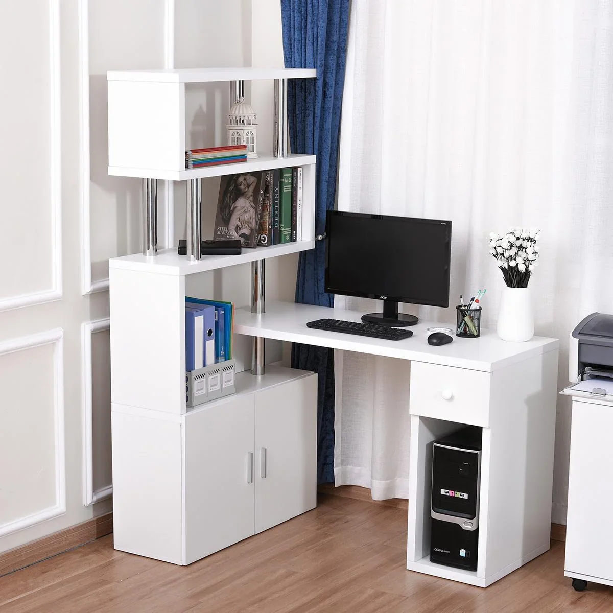 Schreibtisch in L-Form/I-Form Eckschreibtisch Computertisch Kombination-Tisch mit Bücherregal und Schublade Wabenplatte - 0
