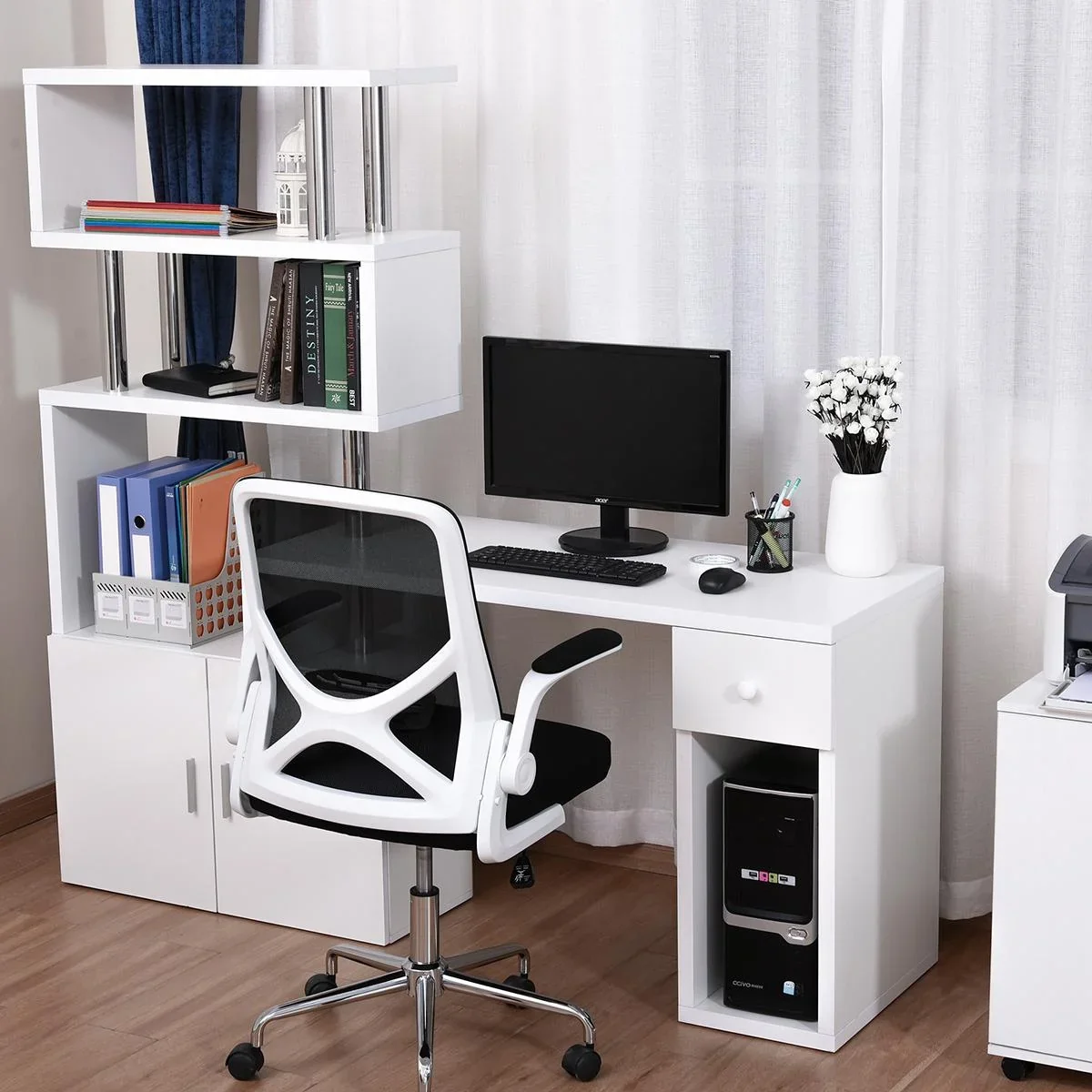 Schreibtisch in L-Form/I-Form Eckschreibtisch Computertisch Kombination-Tisch mit Bücherregal und Schublade Wabenplatte - 2