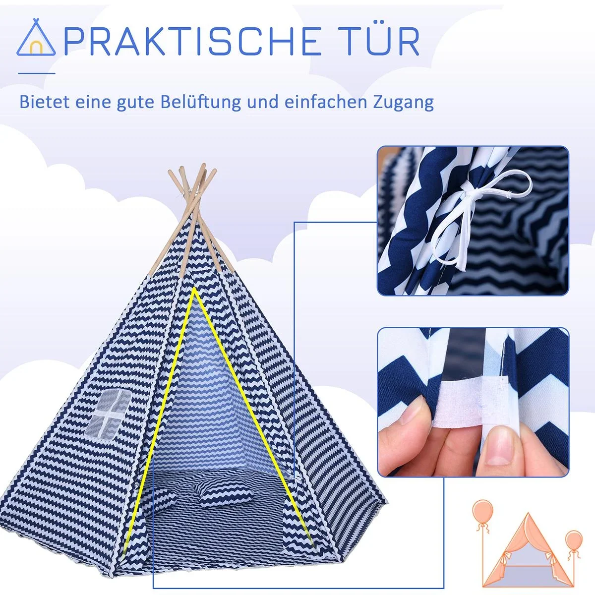 Tipi-Kinderzelt mit Bodenmatte blau, weiß - 2