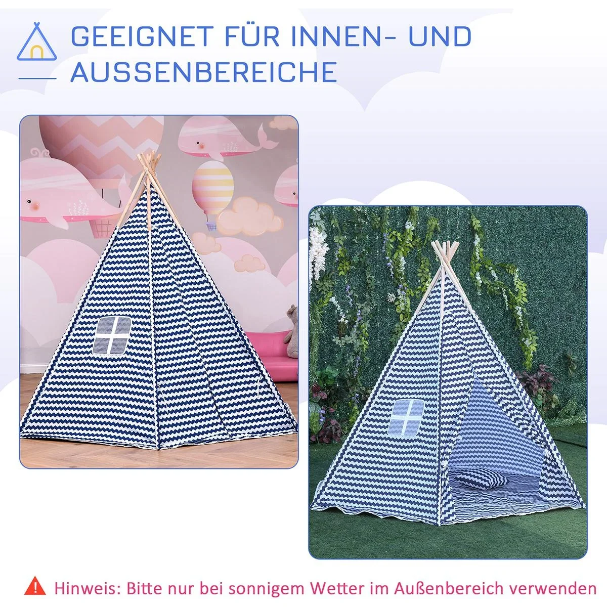 Tipi-Kinderzelt mit Bodenmatte blau, weiß - 6