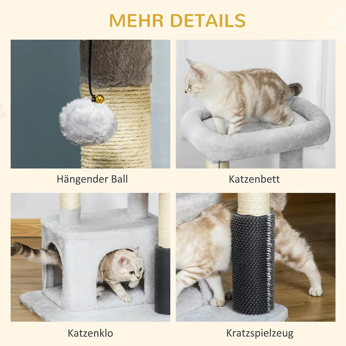 Kratzbaum Katzenbaum mit Massageecke Katzenhöhle Spielball Katzenkratzbaum Sisalseil-Kratzstangen Hellgrau 48 x 48 x 80 - 2
