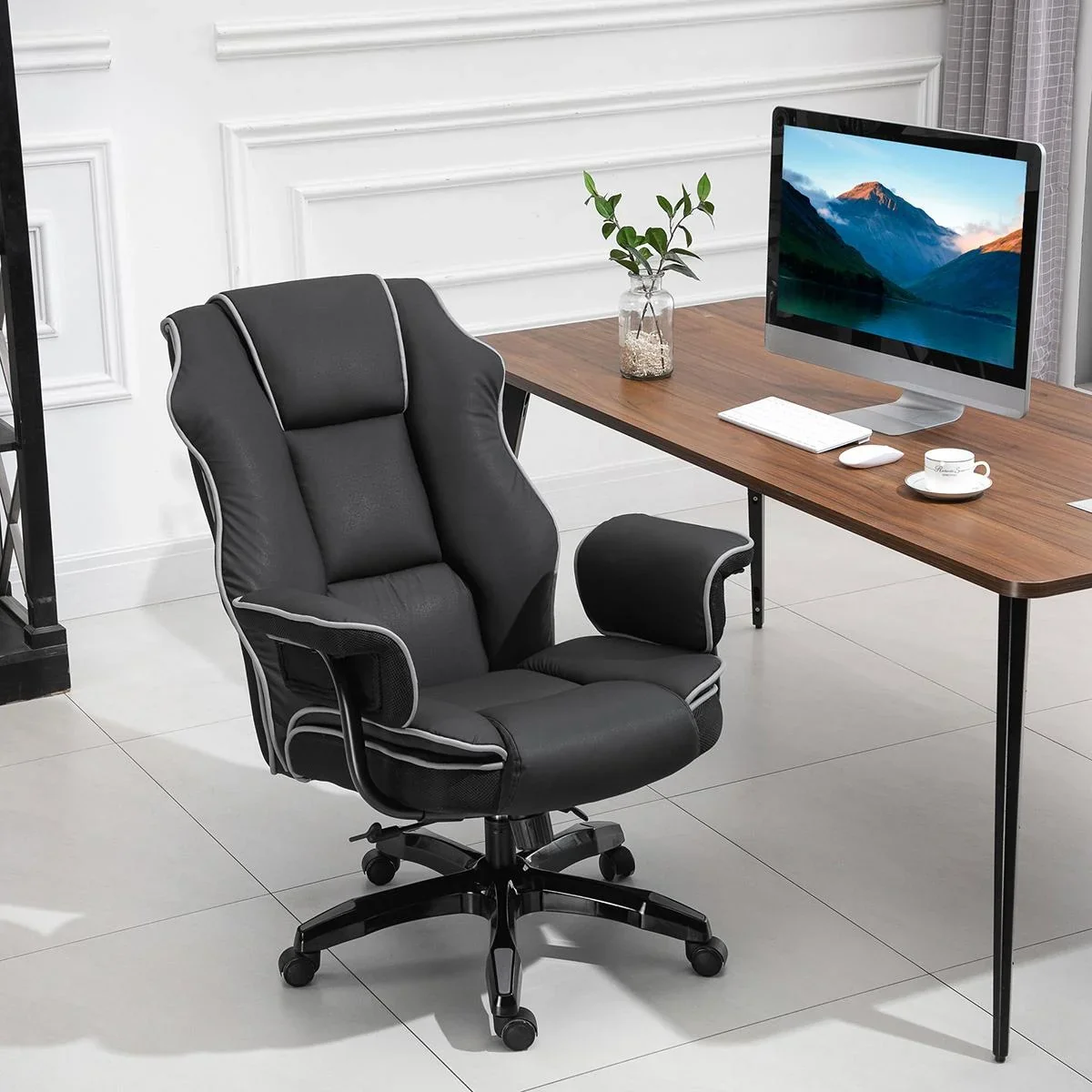 Ergonomischer Bürostuhl mit Armlehnen, Höhenverstellbarer Schreibtischstuhl mit Wippfunktion, Drehstuhl, Kunstleder, Sch - 1
