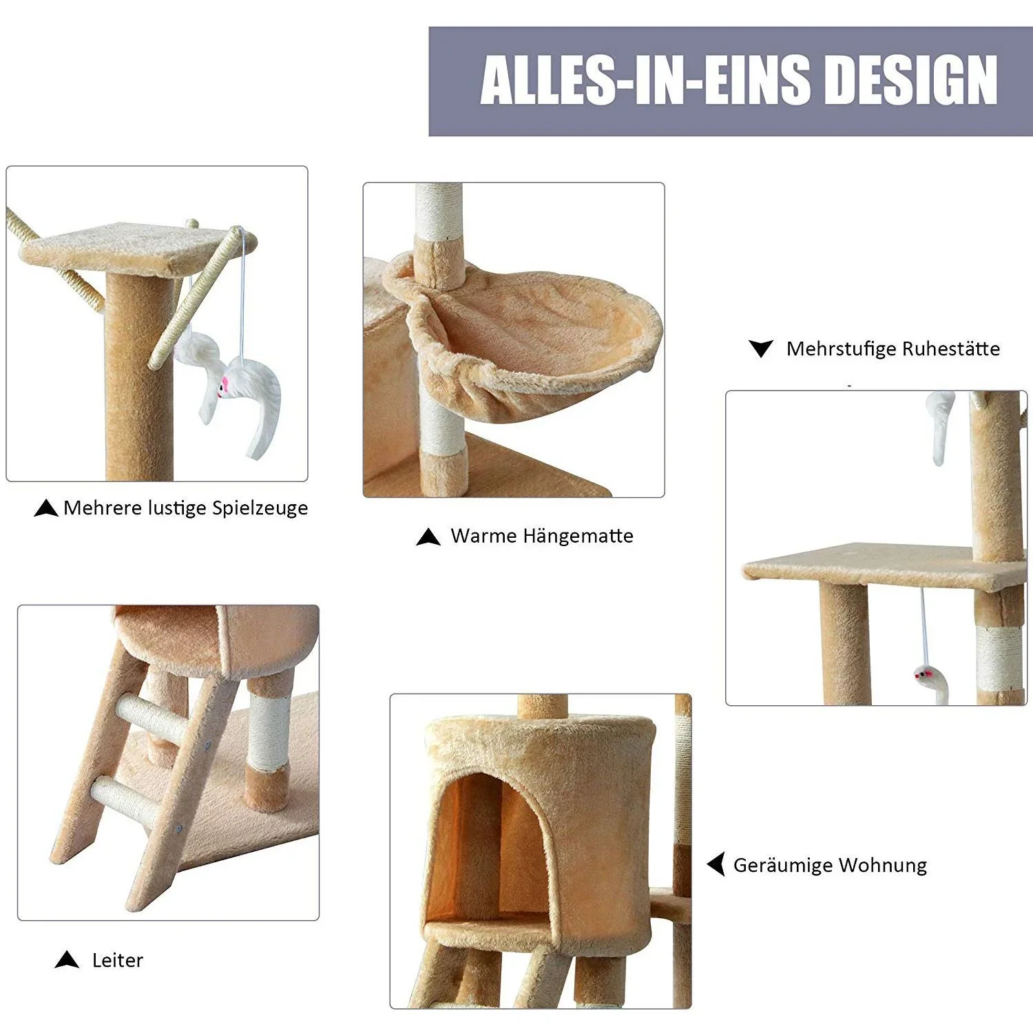 Katzenbaum Kratzbaum Katzenkratzbaum Kletterbaum 4 Spielzeug Beige - 4