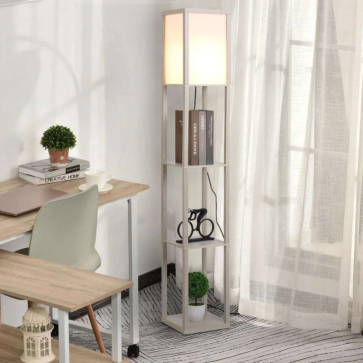 Stehleuchte Stehlampe mit 3 Regalen Innenbeleuchtung E27 bis 40W für Wohn-/Schlafzimmer E1-MDF, Acryl Eiche+Weiß 26 x 26 - 1