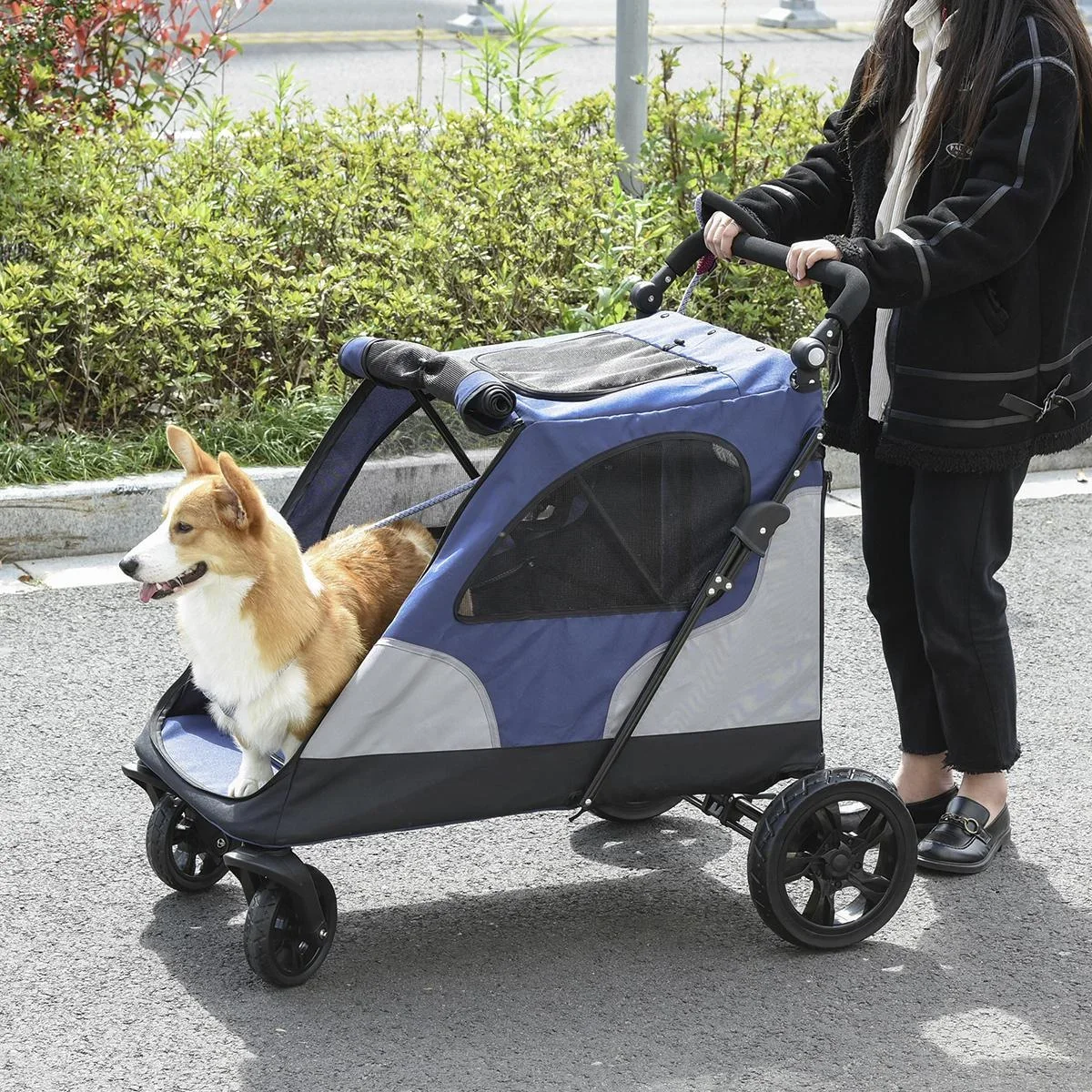 Hundebuggy Hundewagen mit 4 Räder Haustierbuggy für mittelgroße Hunde faltbar Oxford Blau+Grau 104,5 x 68,5 x 110 cm - 2