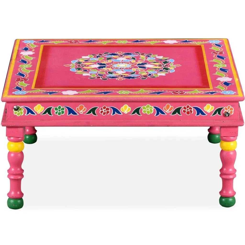 Couchtisch handbemaltes massives Mangoholz rosa - 1