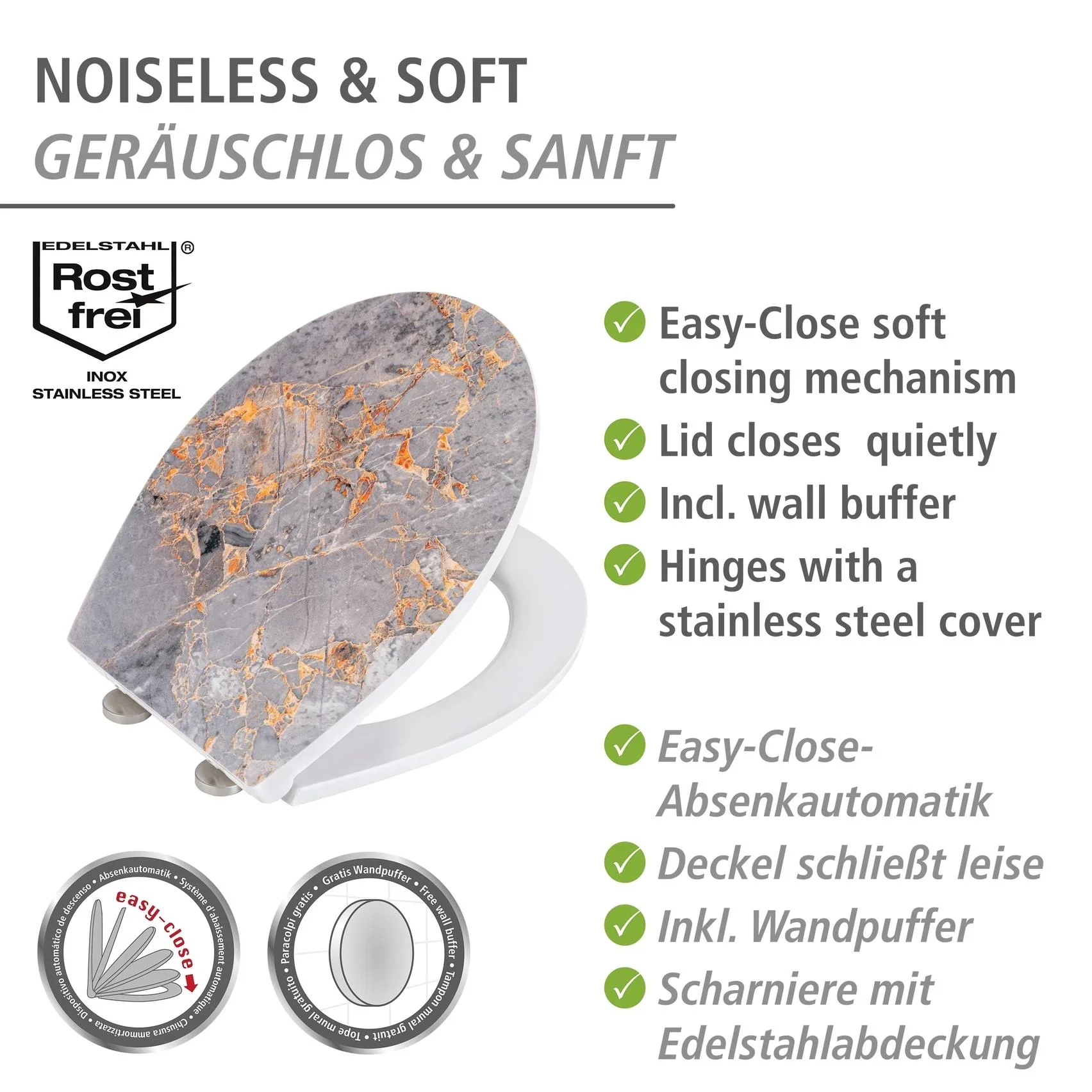 Premium WC-Sitz Grey Marble mit Relief, aus antibakteriellem Duroplast, mit Absenkautomatik - 5