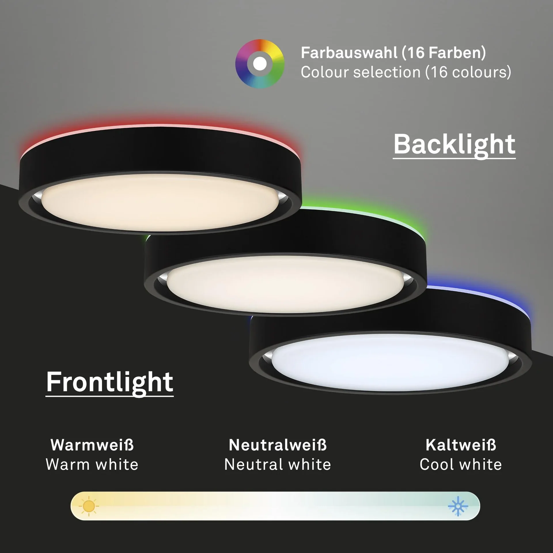 LED Deckenleuchte, rund, Ø 36 cm, CCT, Bewegungssensor, 30 Watt, schwarz - 1