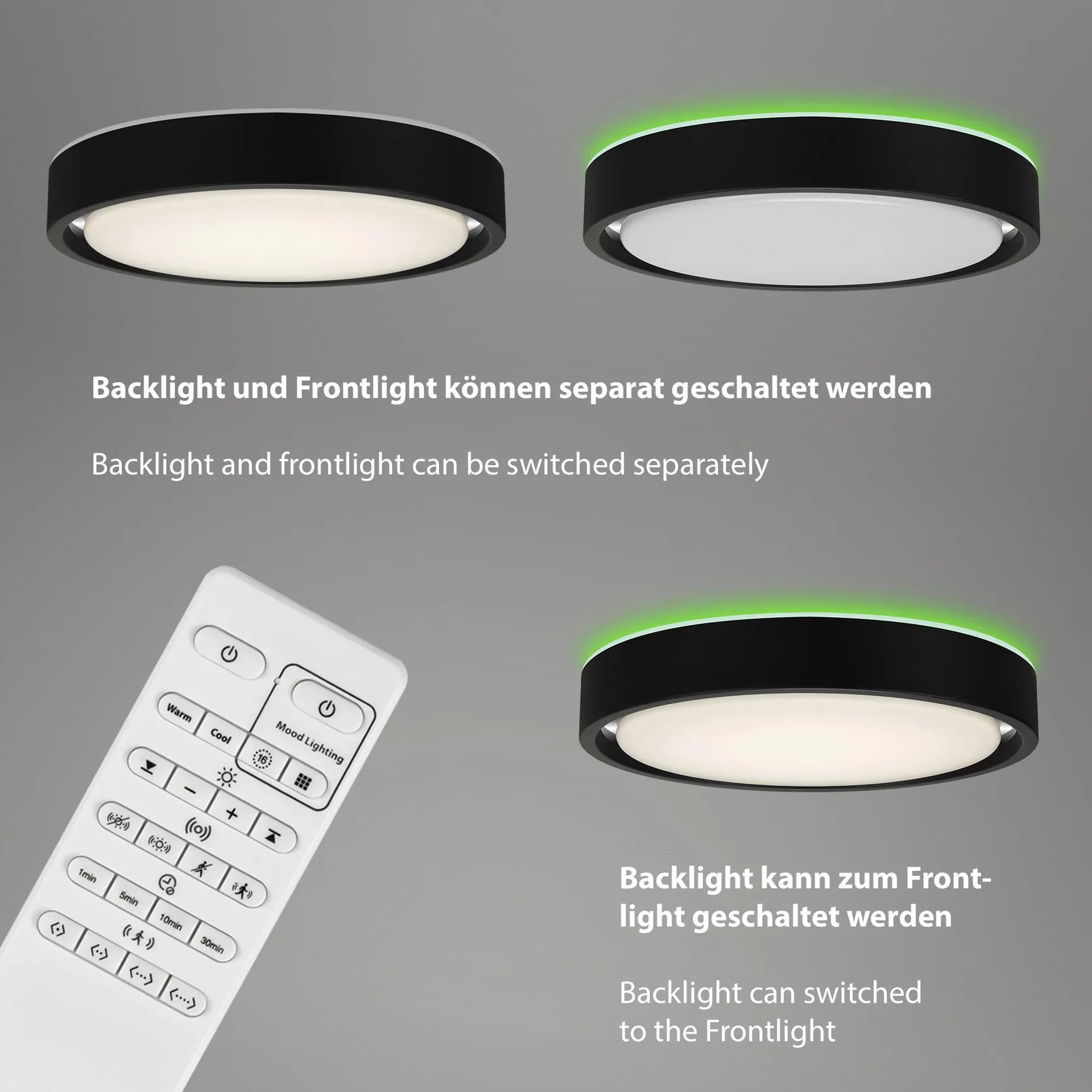 LED Deckenleuchte, rund, Ø 36 cm, CCT, Bewegungssensor, 30 Watt, schwarz - 3