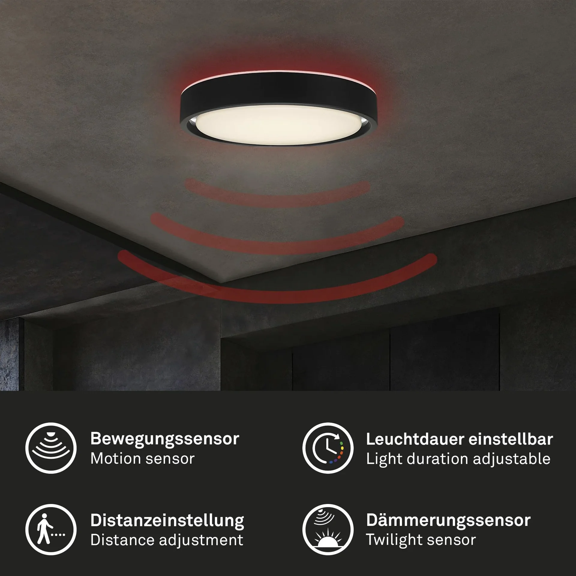 LED Deckenleuchte, rund, Ø 36 cm, CCT, Bewegungssensor, 30 Watt, schwarz - 8