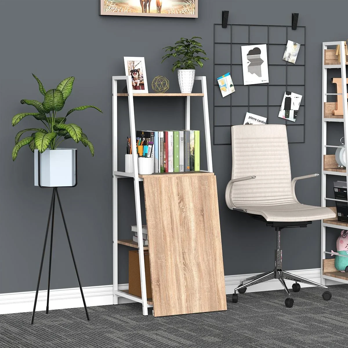 Schreibtisch klappbar mit 4 Tier Bücherregal, Computertisch, Bürotisch, E1 Spanplatte, Metallrahmen, Natur+Weiß, 106 x 4 - 0