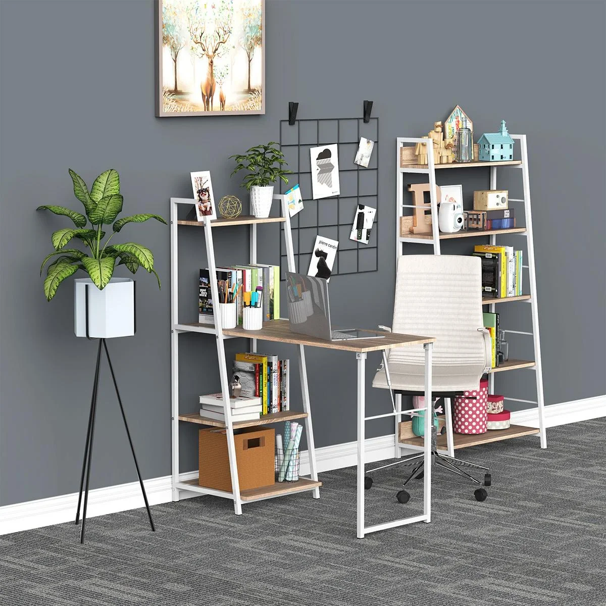 Schreibtisch klappbar mit 4 Tier Bücherregal, Computertisch, Bürotisch, E1 Spanplatte, Metallrahmen, Natur+Weiß, 106 x 4 - 1