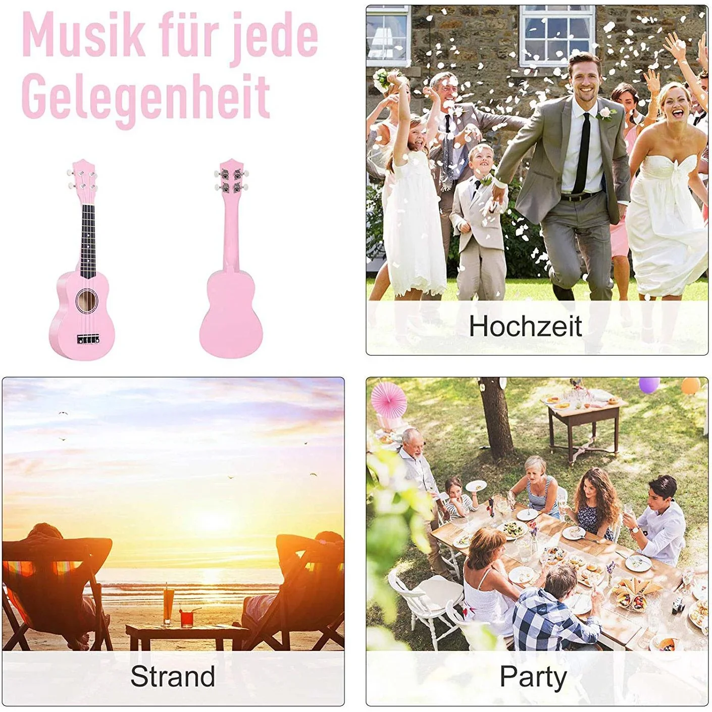 Ukulele Saiteninstrument Anfänger Nylonsaiten Birkenholz Rosa 53 x 17,5 x 6,2 cm - 1