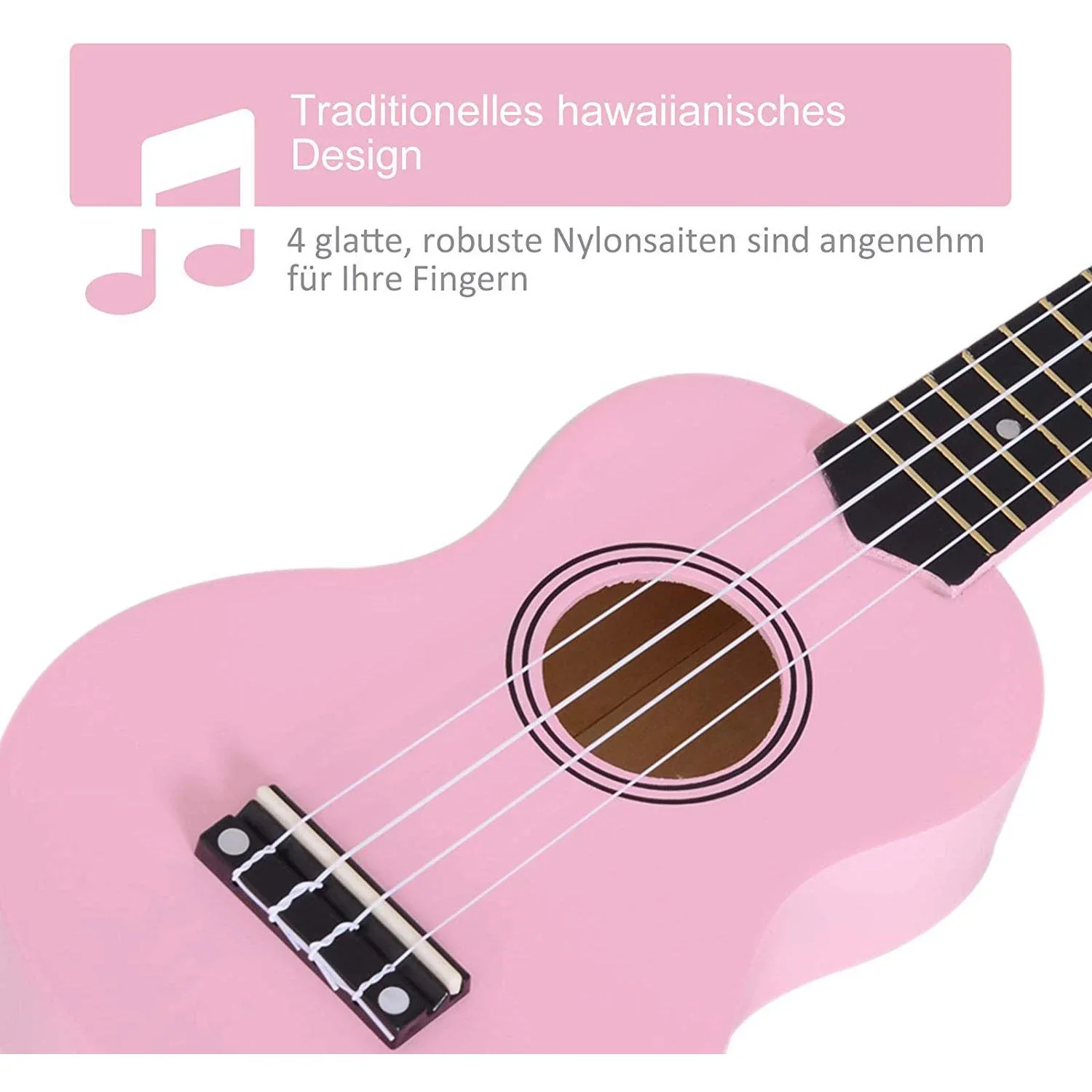 Ukulele Saiteninstrument Anfänger Nylonsaiten Birkenholz Rosa 53 x 17,5 x 6,2 cm - 3
