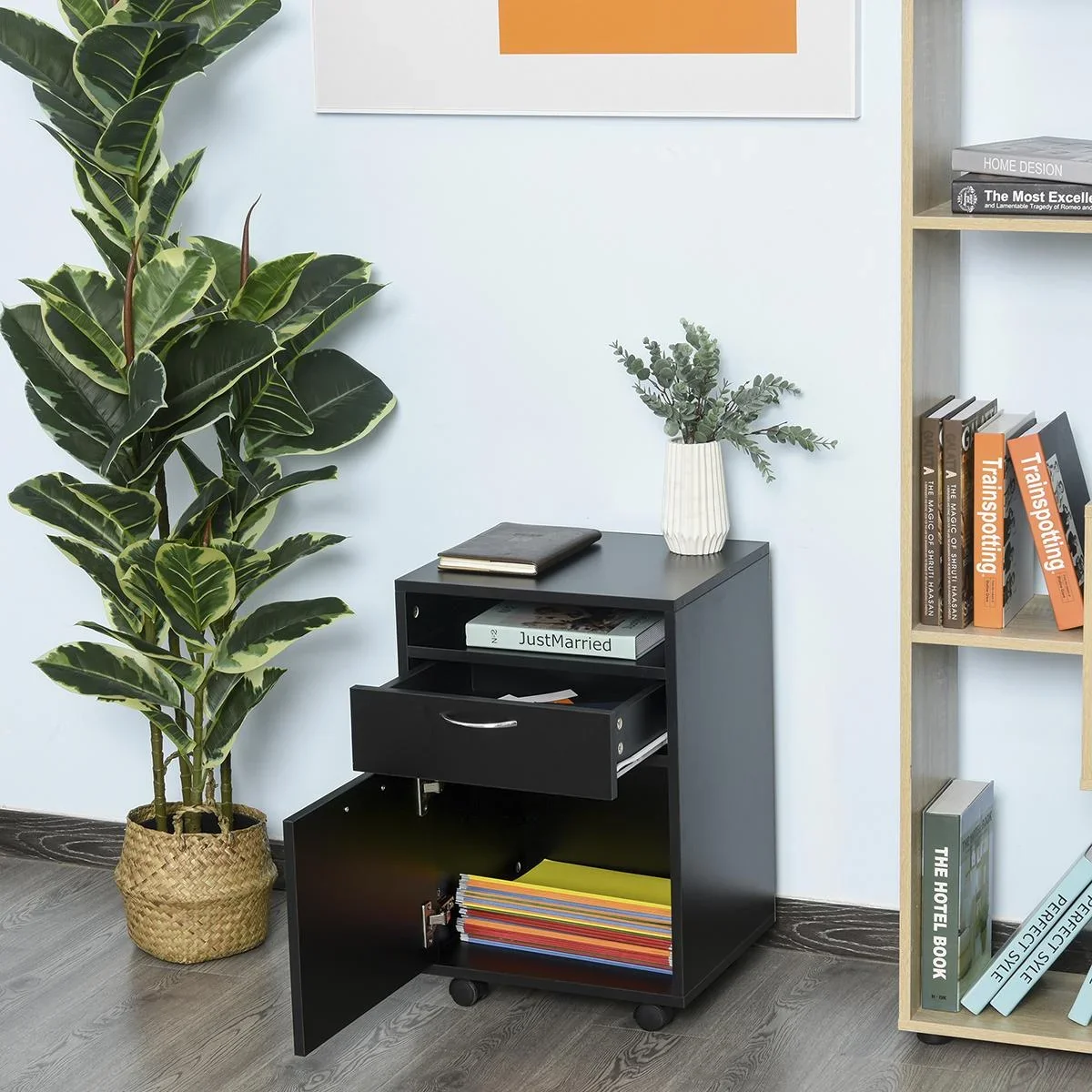 Rollcontainer, Aktenschrank, Bürocontainer mit Schublade, Büroschrank, Aufbewahrung Container, Spanplatte, Schwarz, 40 x - 0