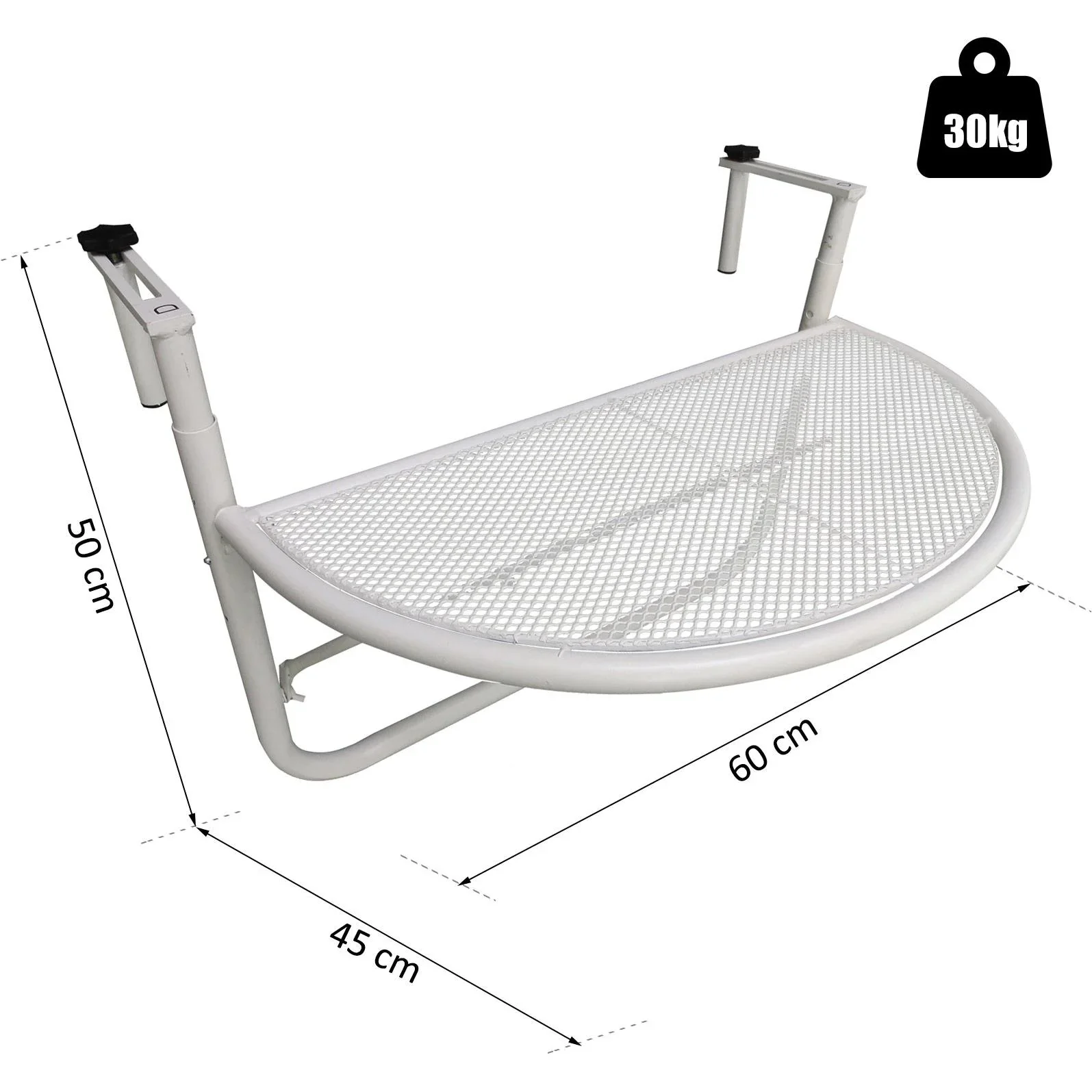 Balkonhängetisch Hängetisch höhenverstellbar halbrund Ø30 cm Terrasse Metall Weiß - 3