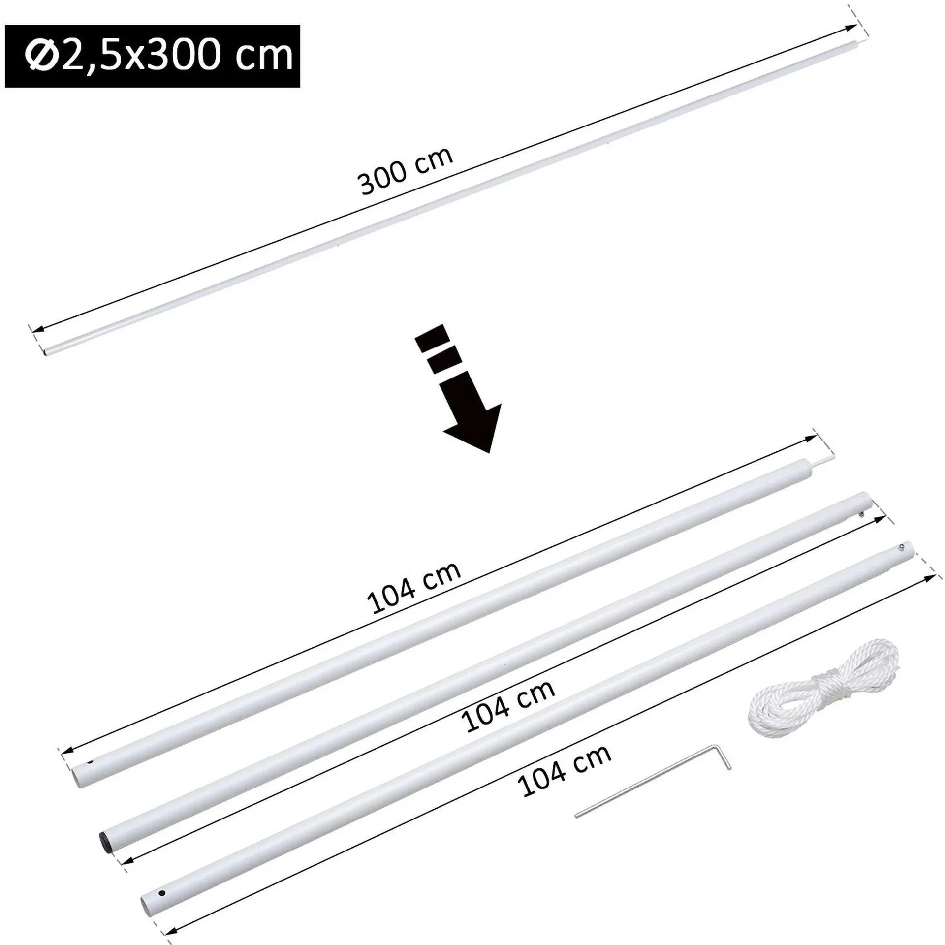 Aufstellstange 3 stk, Teleskopstange für Markise Sonnensegel inkl, Seil + Heringe Metall Weiß ?25 x 104 cm - 1