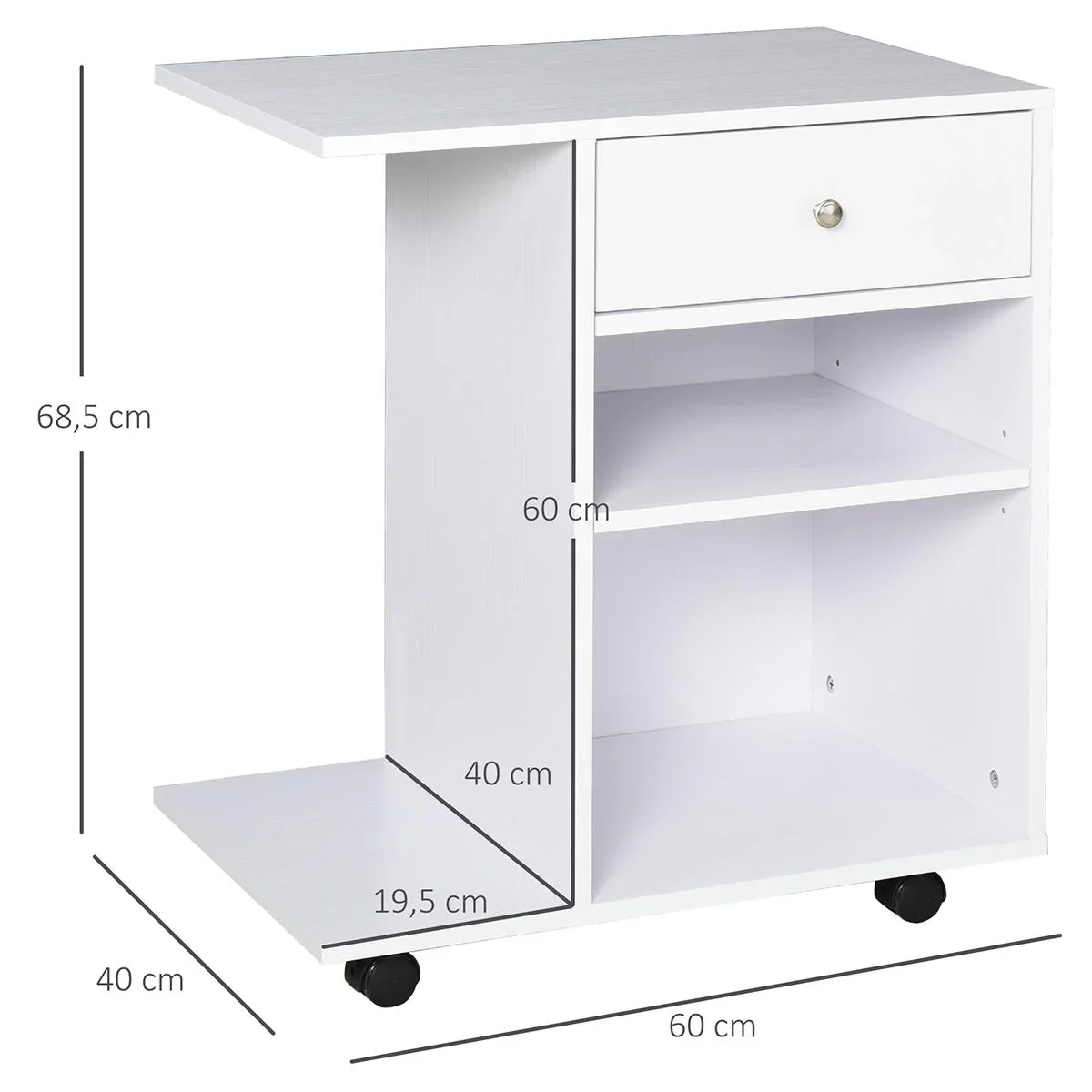 Druckertisch, Druckerständer, Bürowagen, Rollwagen mit Schublade+2 Ablagen+CPU-Ständer, Spanlatte, Weiß, 60 x 40 x 68,5 - 0