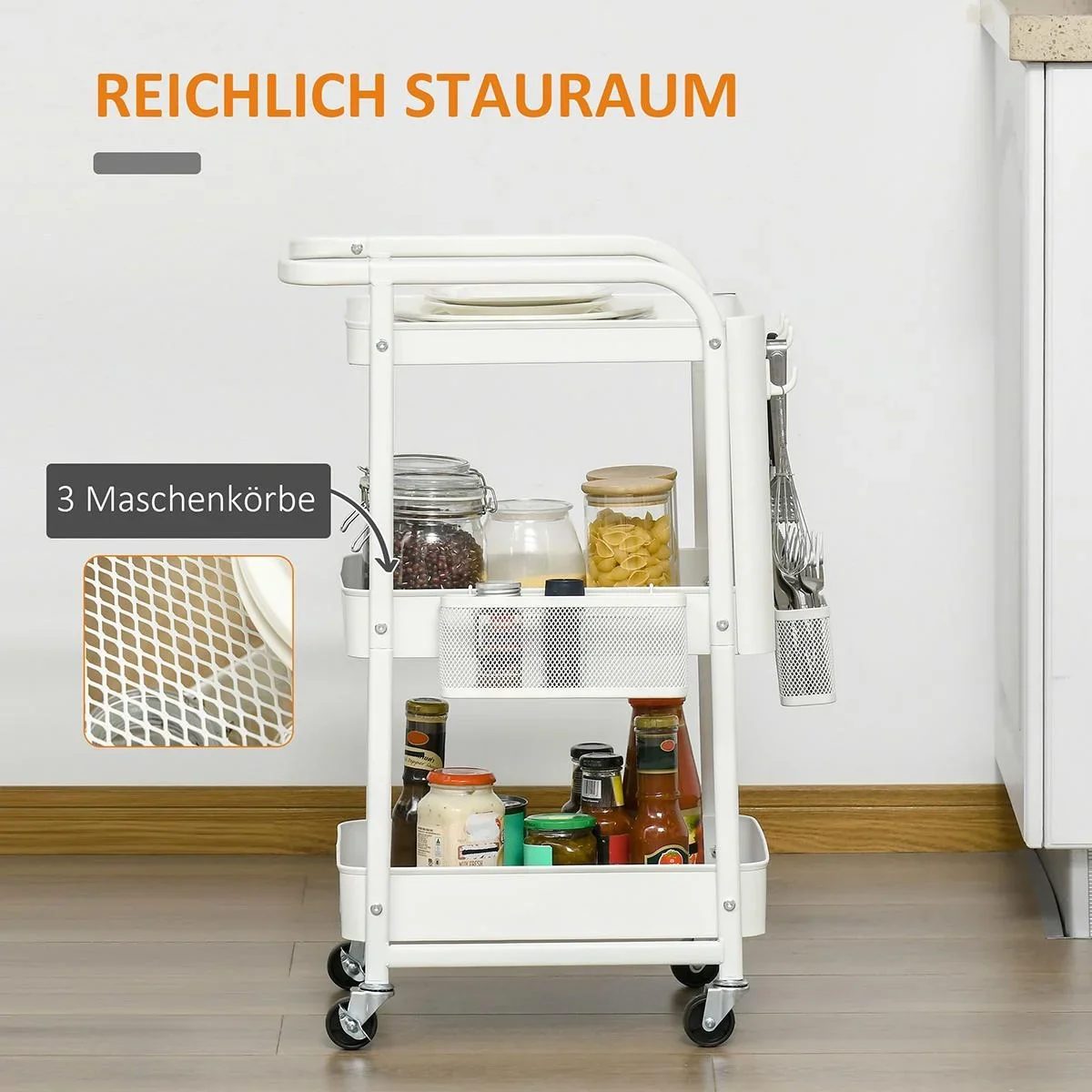 Druckertisch, Druckerständer, Bürowagen, Rollwagen mit Schublade+2 Ablagen+CPU-Ständer, Spanlatte, Weiß, 60 x 40 x 68,5 - 1