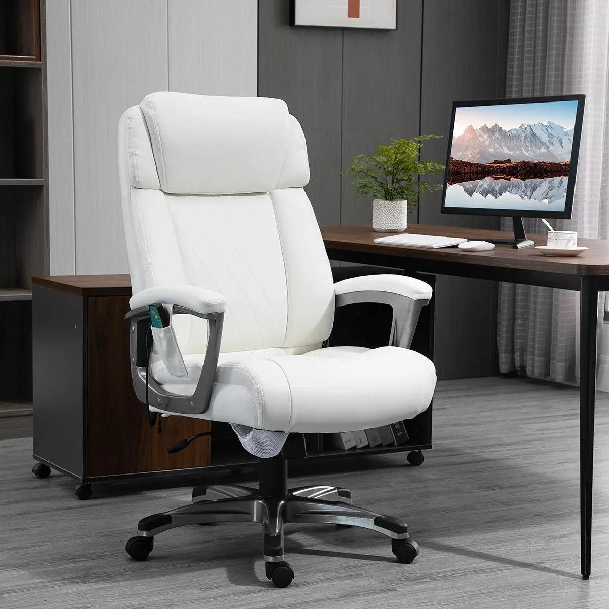 Massage-Bürostuhl 6-Punkt-Massage-Drehstuhl aus Kunstleder mit gewölbter Kopfstütze und Armlehne Weiß 70 x 76,5 x 114-12 - 0