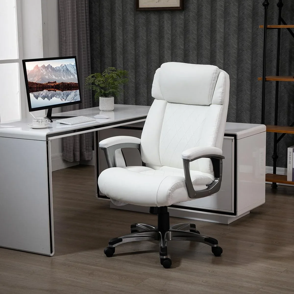 Massage-Bürostuhl 6-Punkt-Massage-Drehstuhl aus Kunstleder mit gewölbter Kopfstütze und Armlehne Weiß 70 x 76,5 x 114-12 - 2