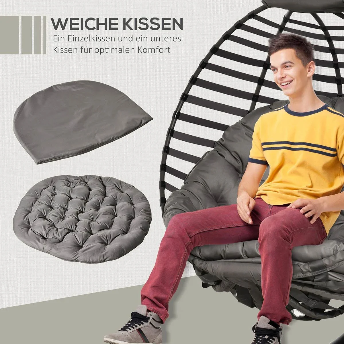 Hängesessel Hängekorb mit Gestell für 2 Personen Hängeschaukel Hängestuhl mit Kissen Korb faltbar Stahl 126 x 118 x 172 - 3